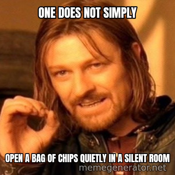 One Does Not Simply meme: ONE DOES NOT SIMPLY / OPEN A BAG OF CHIPS QUIETLY IN A SILENT ROOM