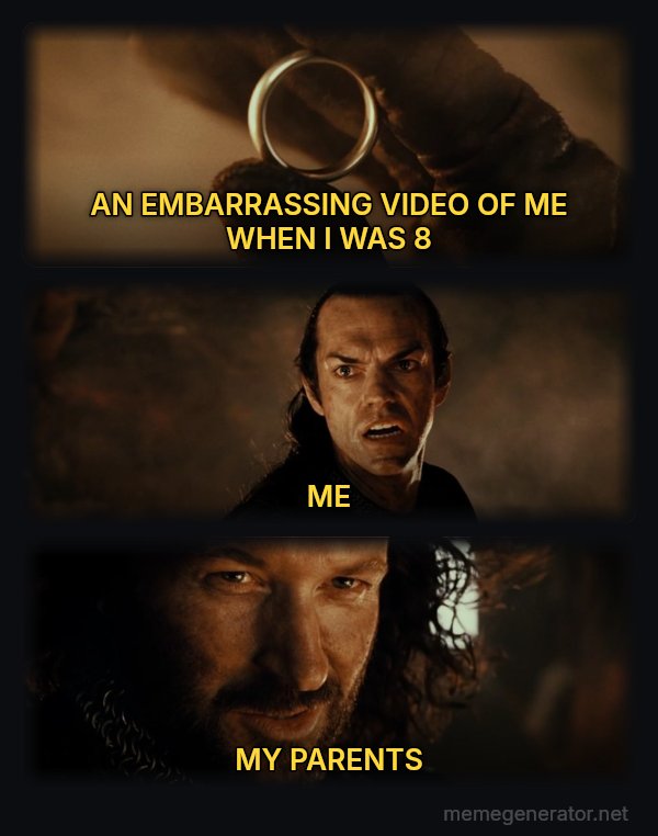 Cast It Into the Fire meme: AN EMBARRASSING VIDEO OF ME WHEN I WAS 8 / ME / MY PARENTS