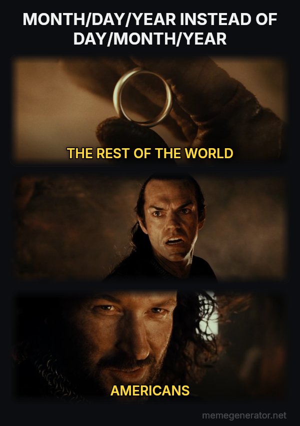 Cast It Into the Fire meme: MONTH/DAY/YEAR INSTEAD OF DAY/MONTH/YEAR / THE REST OF THE WORLD / AMERICANS