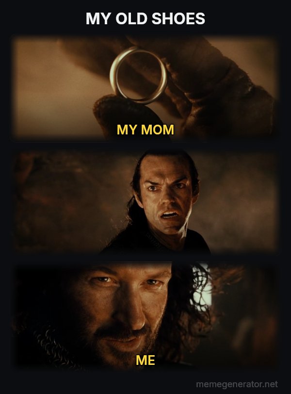 Cast It Into the Fire meme: MY OLD SHOES / MY MOM / ME