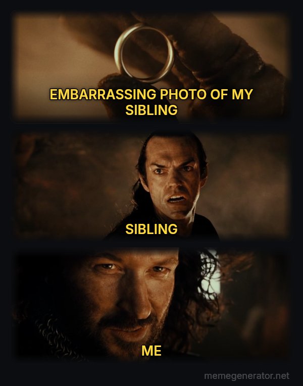 Cast It Into the Fire meme: EMBARRASSING PHOTO OF MY SIBLING / SIBLING / ME