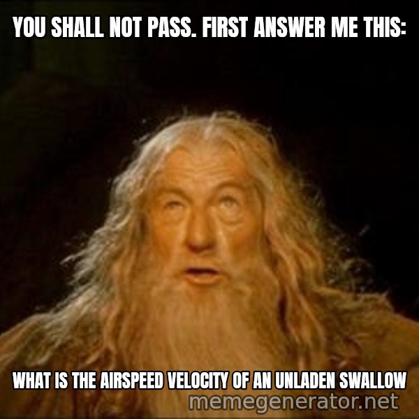 You Shall Not Pass meme: YOU SHALL NOT PASS. FIRST ANSWER ME THIS: / WHAT IS THE AIRSPEED VELOCITY OF AN UNLADEN SWALLOW