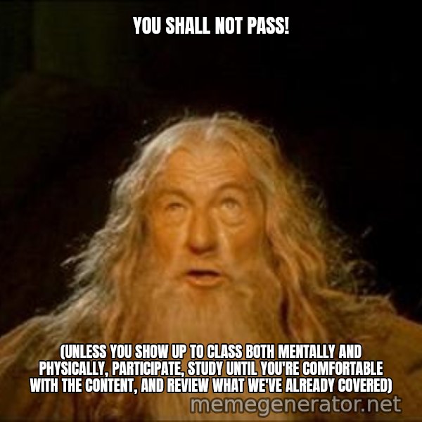 You Shall Not Pass meme: You Shall not pass! / (unless you show up to class both mentally and physically, participate, study until you're comfortable with the content, and review what we've already covered)