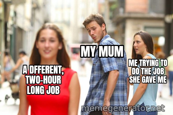 Distracted Boyfriend meme: A dfferent, two-hour long job / My mum / Me trying to do the job she gave me