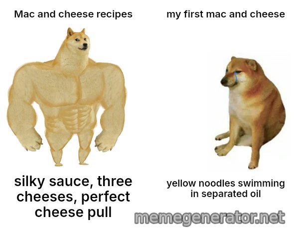 Buff Doge vs. Cheems meme: Mac and cheese recipes / my first mac and cheese / silky sauce, three cheeses, perfect cheese pull / yellow noodles swimming in separated oil