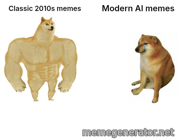 Buff Doge vs. Cheems meme: Classic 2010s memes / Modern AI memes