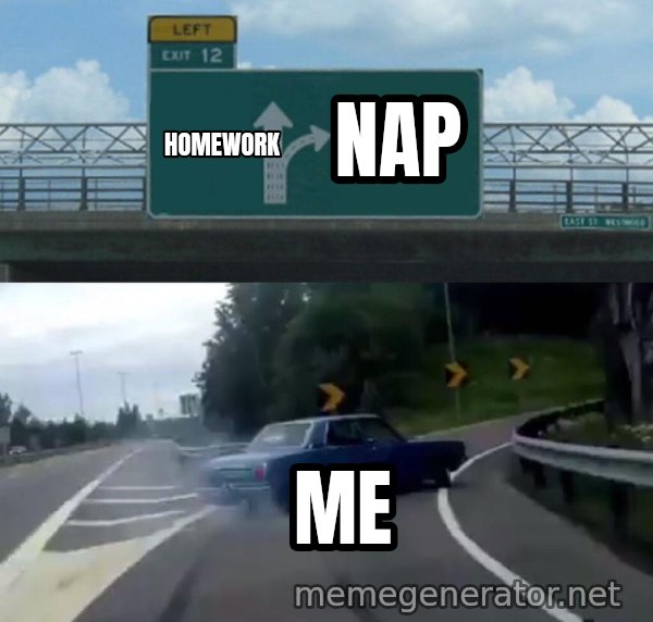 Left Exit 12 Off Ramp meme: homework / nap / me