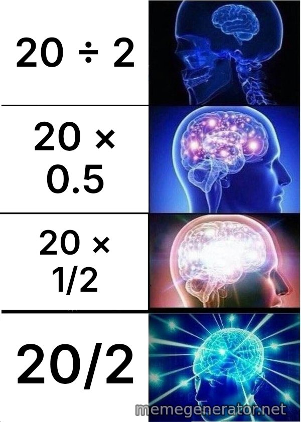 Expanding Brain meme: 20 ÷ 2 / 20 × 0.5 / 20 × 1/2 / 20/2