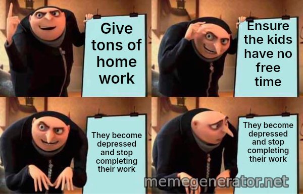 Gru's Plan meme: Give tons of homework / Ensure the kids have no free time / They become depressed and stop completing their work / They become depressed and stop completing their work