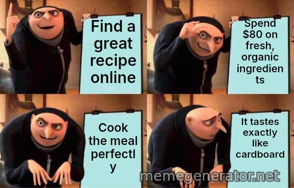 Gru's Plan meme: Find a great recipe online / Spend $80 on fresh, organic ingredients / Cook the meal perfectly / It tastes exactly like cardboard