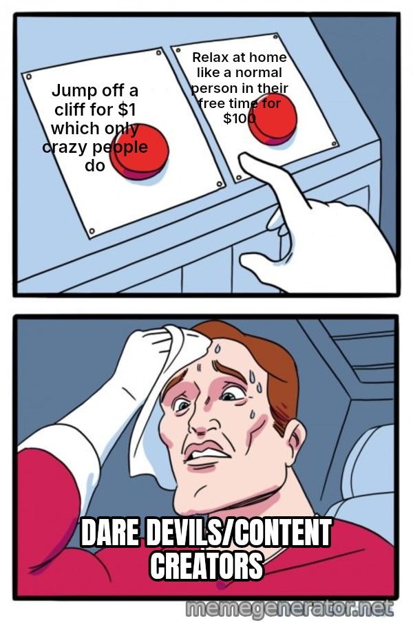 Two Buttons meme: Jump off a cliff for $1 which only crazy people do / Relax at home like a normal person in their free time for $100 / DARE DEVILS/CONTENT CREATORS